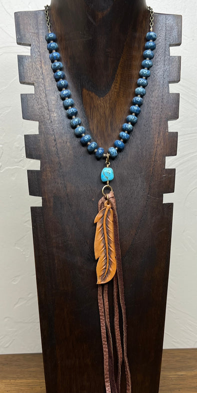 JForks Blue Fossil Coral & Leather Feather