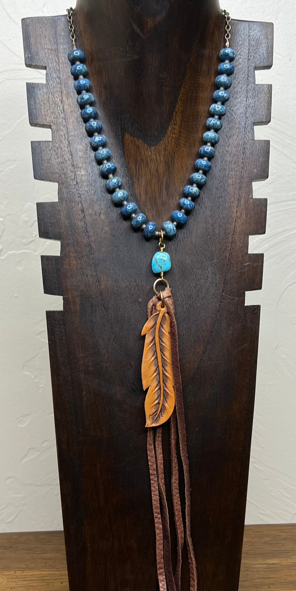 JForks Blue Fossil Coral & Leather Feather